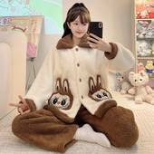 220斤可穿家居服M 睡衣女冬季 5XL 套装 宽松大码 新款 半边绒翻领开衫