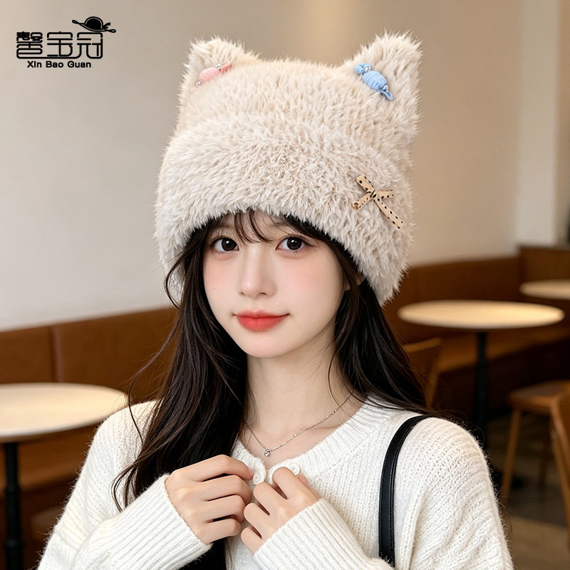 冬季保暖护耳帽子女甜美可爱猫耳针织帽韩版百搭显脸小套头毛线帽