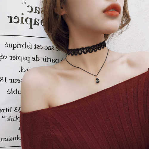 甜美蕾丝坠圆形小锆石双层颈链时尚个性短款项链女新品水滴吊坠
