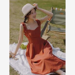 法式 收腰显瘦气质砖红色连衣裙女夏季 复古设计感小众吊带裙子长款