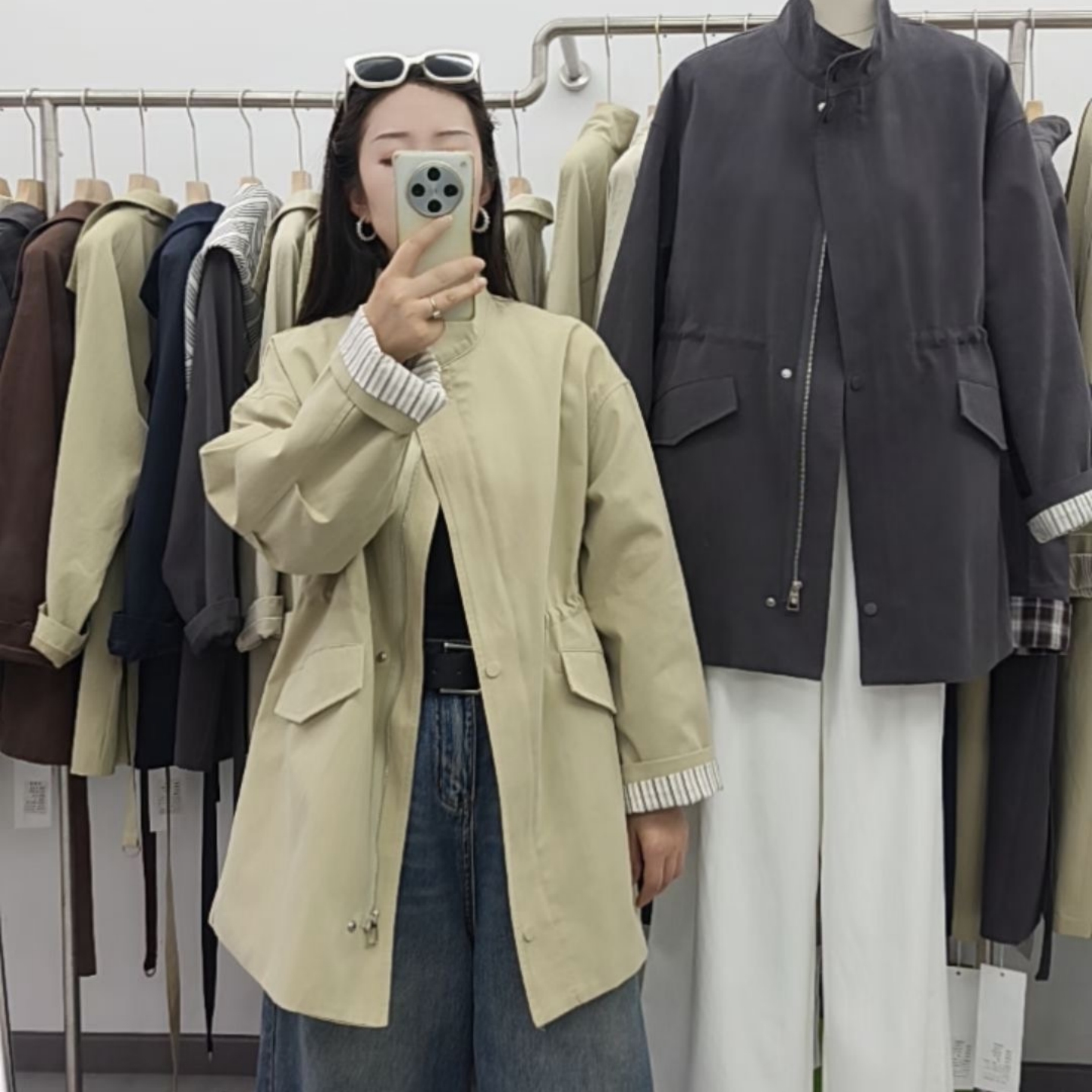 撞色立领中长款收腰工装风衣外套