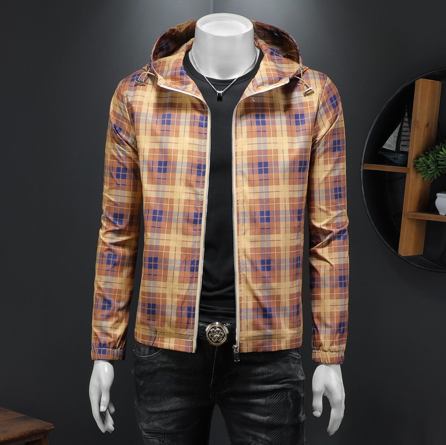 2026春季新款男士连帽格子夹克QT212-货号F7774-P175假模图，男装夹克，钱塘2010A