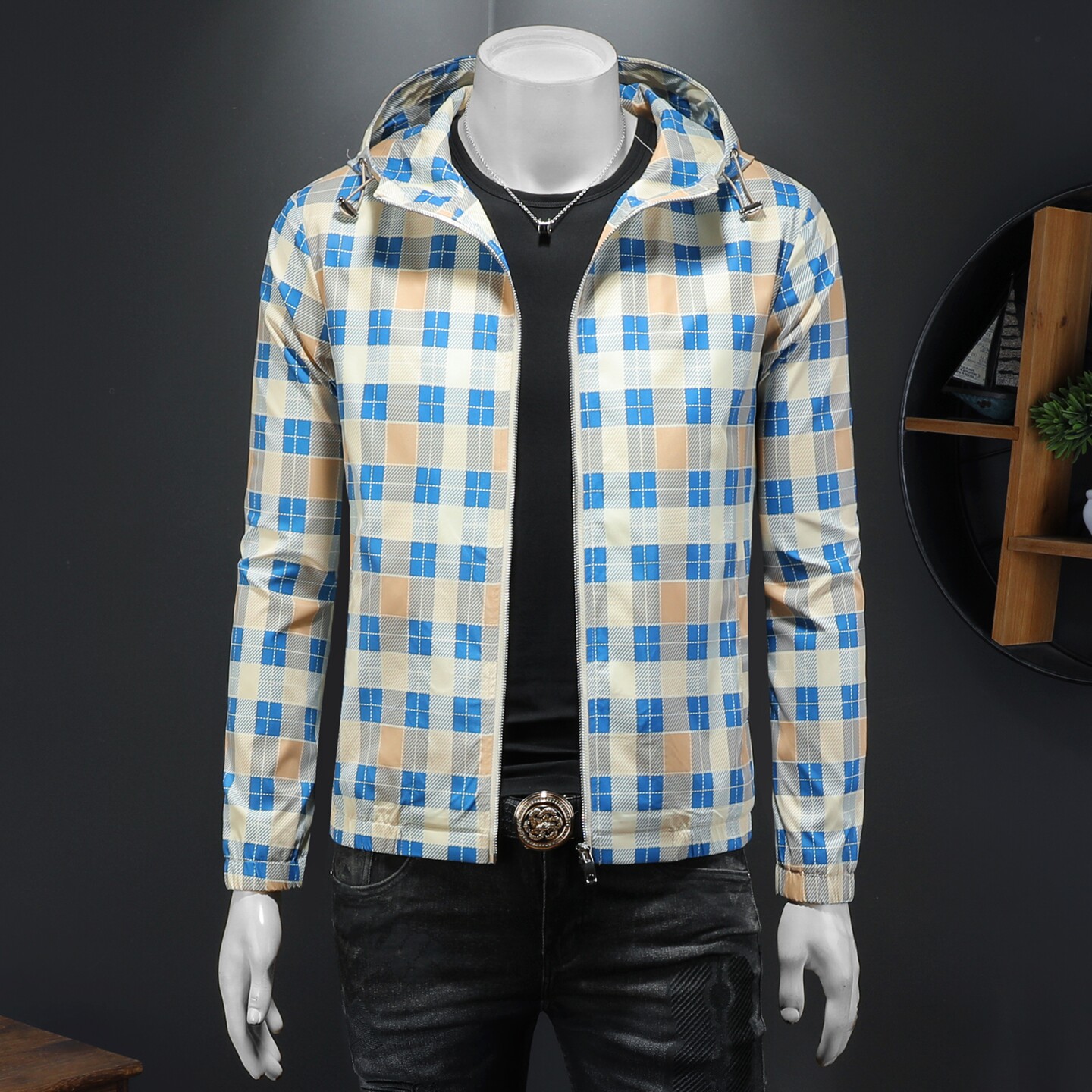 2026春季新款男士连帽格子夹克QT212-货号F7777-P175假模图，男装夹克，钱塘2010-1