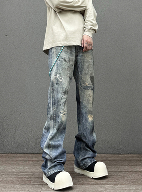 KISSNATE美式cleanfit秋冬3D数码印花脏染微喇水洗男女AC款牛仔裤