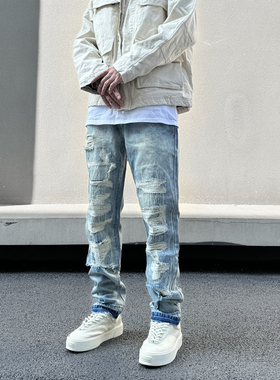 KISSNATE美式高街刀割大破坏破洞补丁四季款休闲裤直筒男士牛仔裤