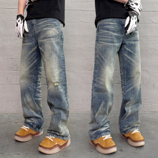 KISSNATE春夏「直筒微喇」水洗蓝竹节纹破洞牛仔裤 男显瘦痞帅长裤