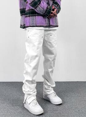 KISSNATE高街美式复古休闲工装伐木裤子两侧拉链小脚白色牛仔裤男