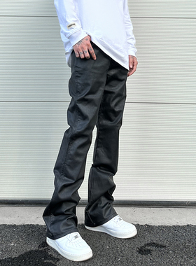 KISSNATE美式高街黑色显瘦微喇叭涂层刷蜡百搭堆积蜡面男女休闲裤