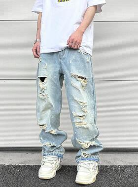 KISSNATE水洗蓝破洞补丁猫须巴黎高街直筒裤子宽松男女四季牛仔裤