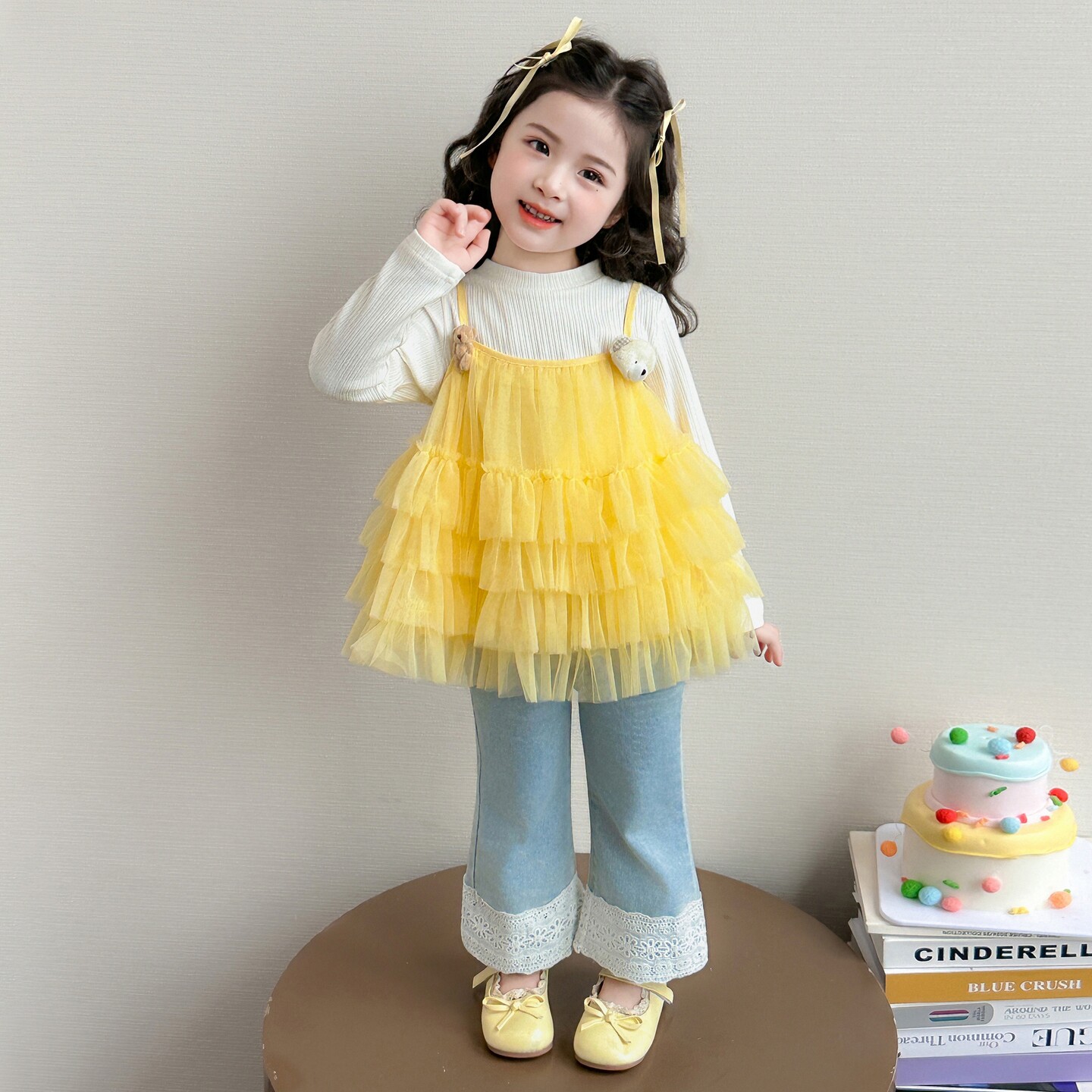 女童套装春季2026新款儿童韩版洋气女宝宝花边牛仔蛋糕裙三件套潮