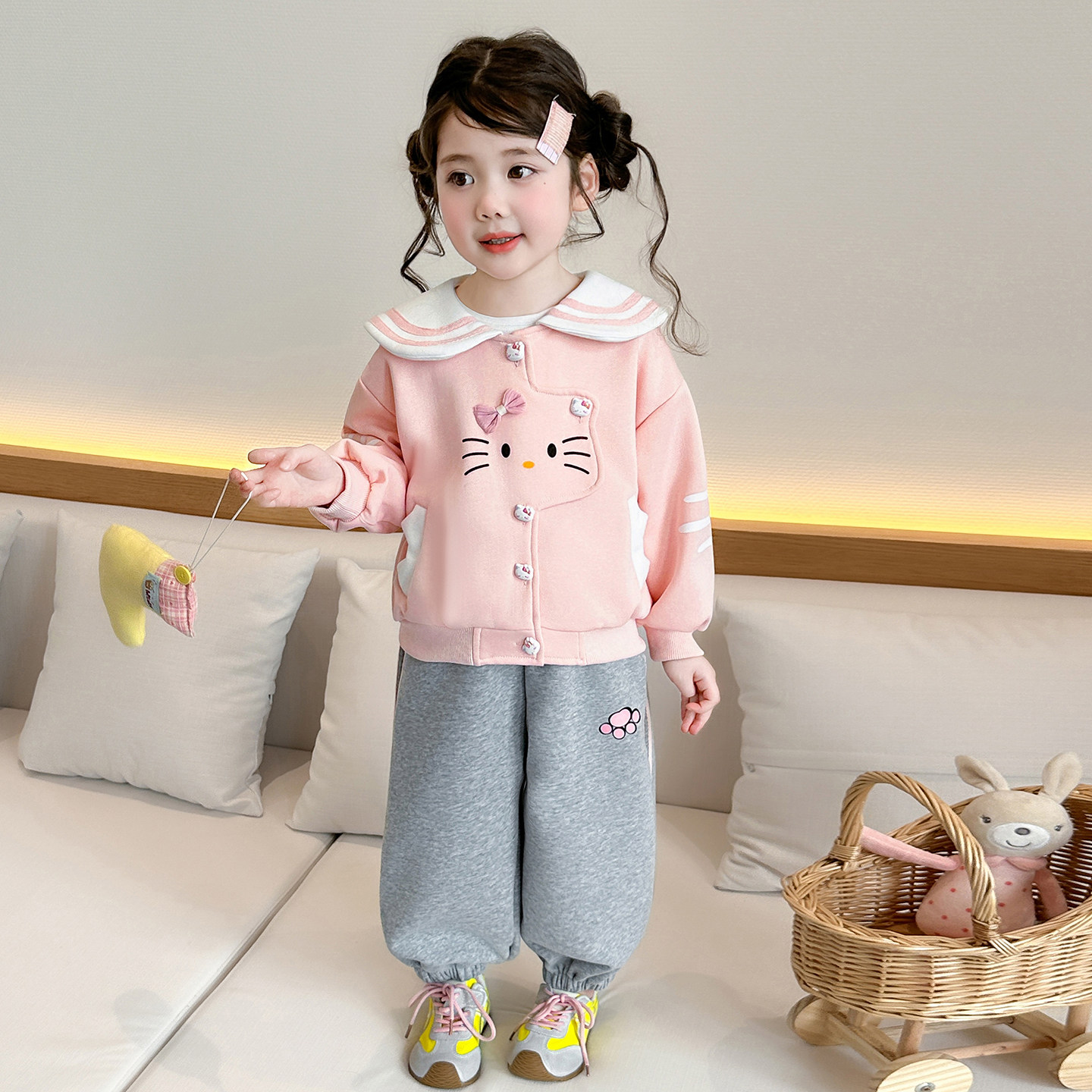 女童春装甜美海军领猫咪套装2026新款儿童洋气女宝宝休闲两件套潮