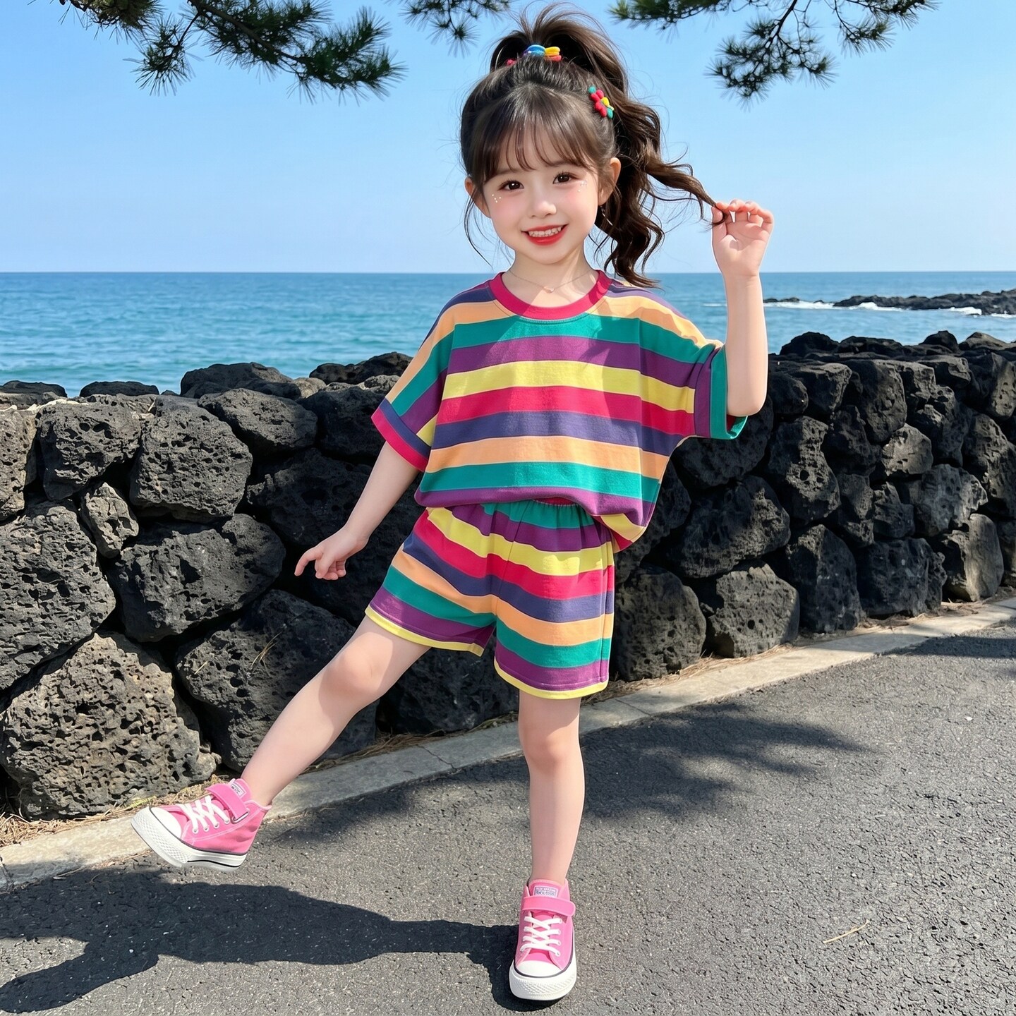 儿童洋气多巴胺彩条休闲套装2026新款女童时尚女宝宝夏季两件套潮