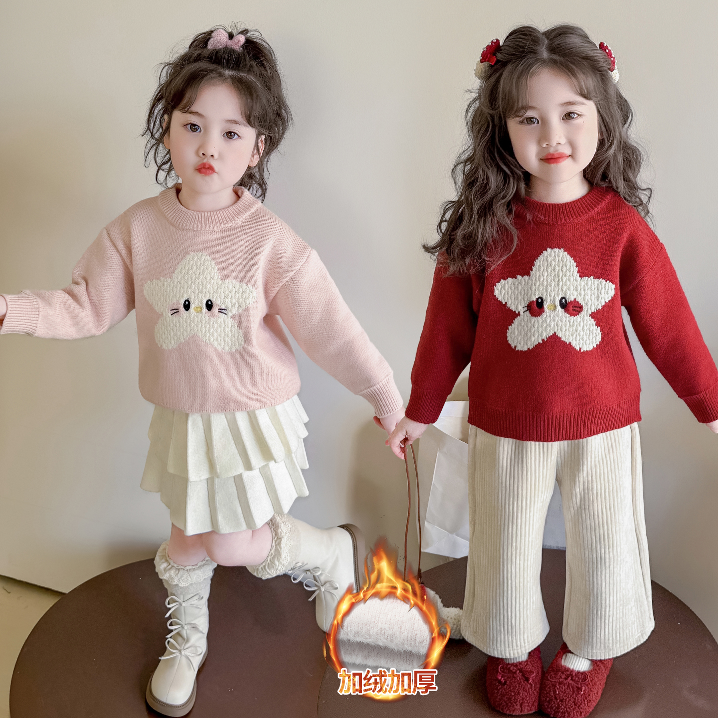 女宝宝冬装洋气一体绒开星毛衣潮