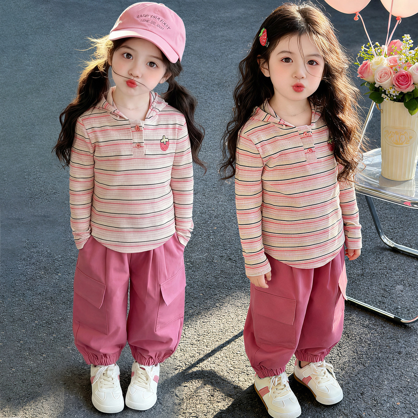 中小童春季甜美草莓条纹套装2026新款儿童洋气女宝宝休闲两件套潮