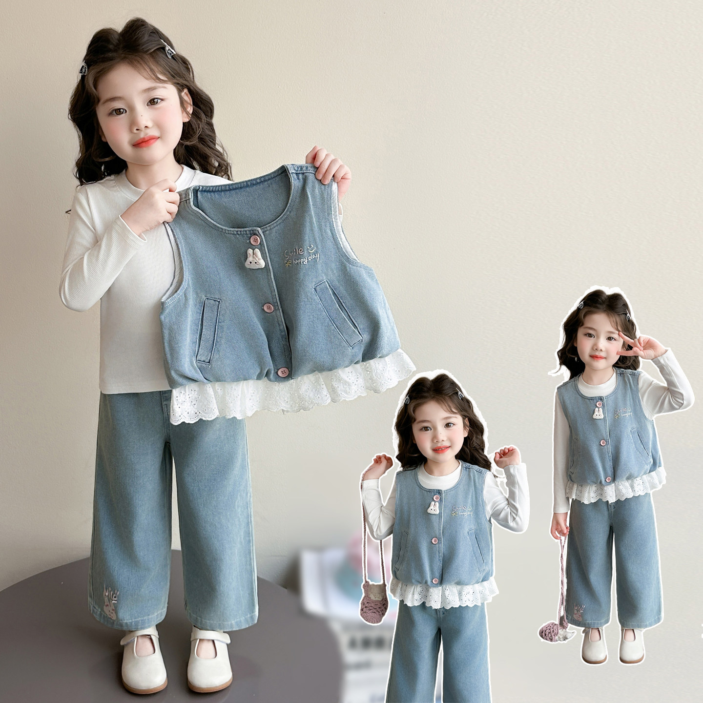 女童韩版套装春季2026新款儿童洋气女宝宝时尚春秋牛仔马甲三件套