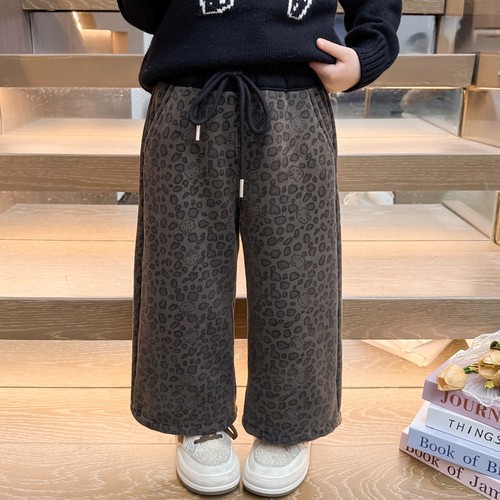儿童冬装洋气豹纹猫咪加绒阔腿裤