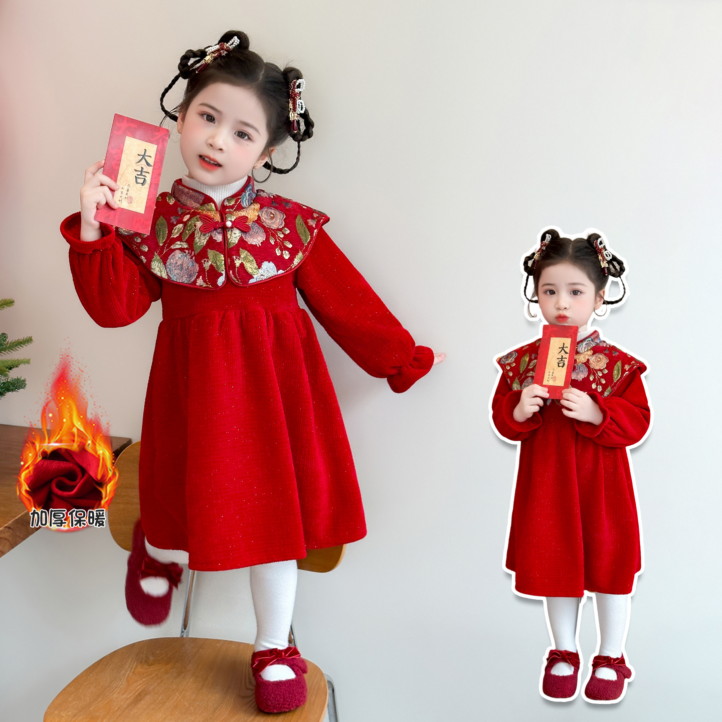 女宝宝冬装国风复古盘扣年服裙潮