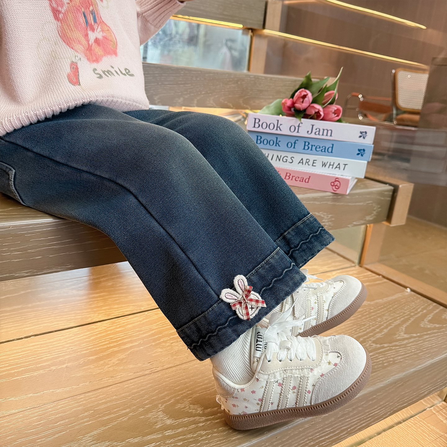 女童洋气兔子蝴蝶结加绒牛仔裤潮