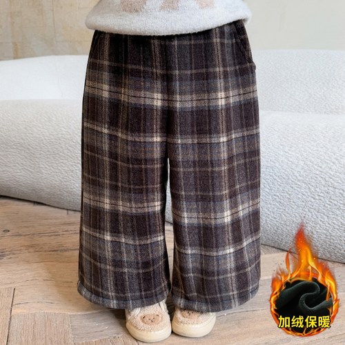 女小童冬装洋气格子加绒阔腿裤潮