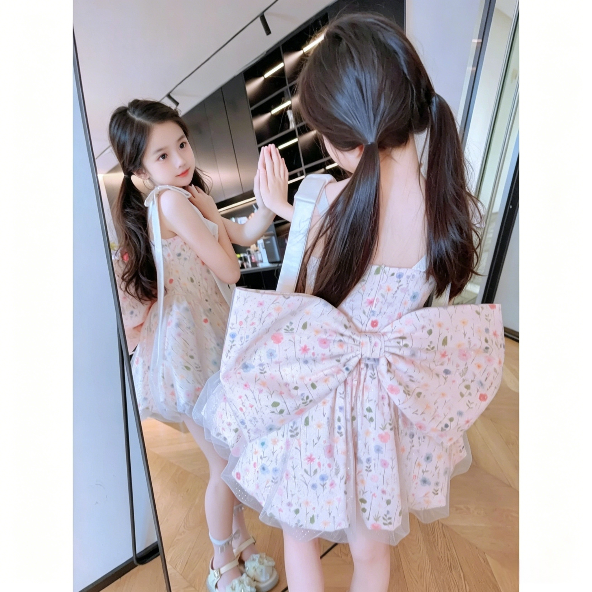 女童甜美碎花吊带连衣裙新款儿童夏季蝴蝶结蓬蓬裙女宝宝公主裙子