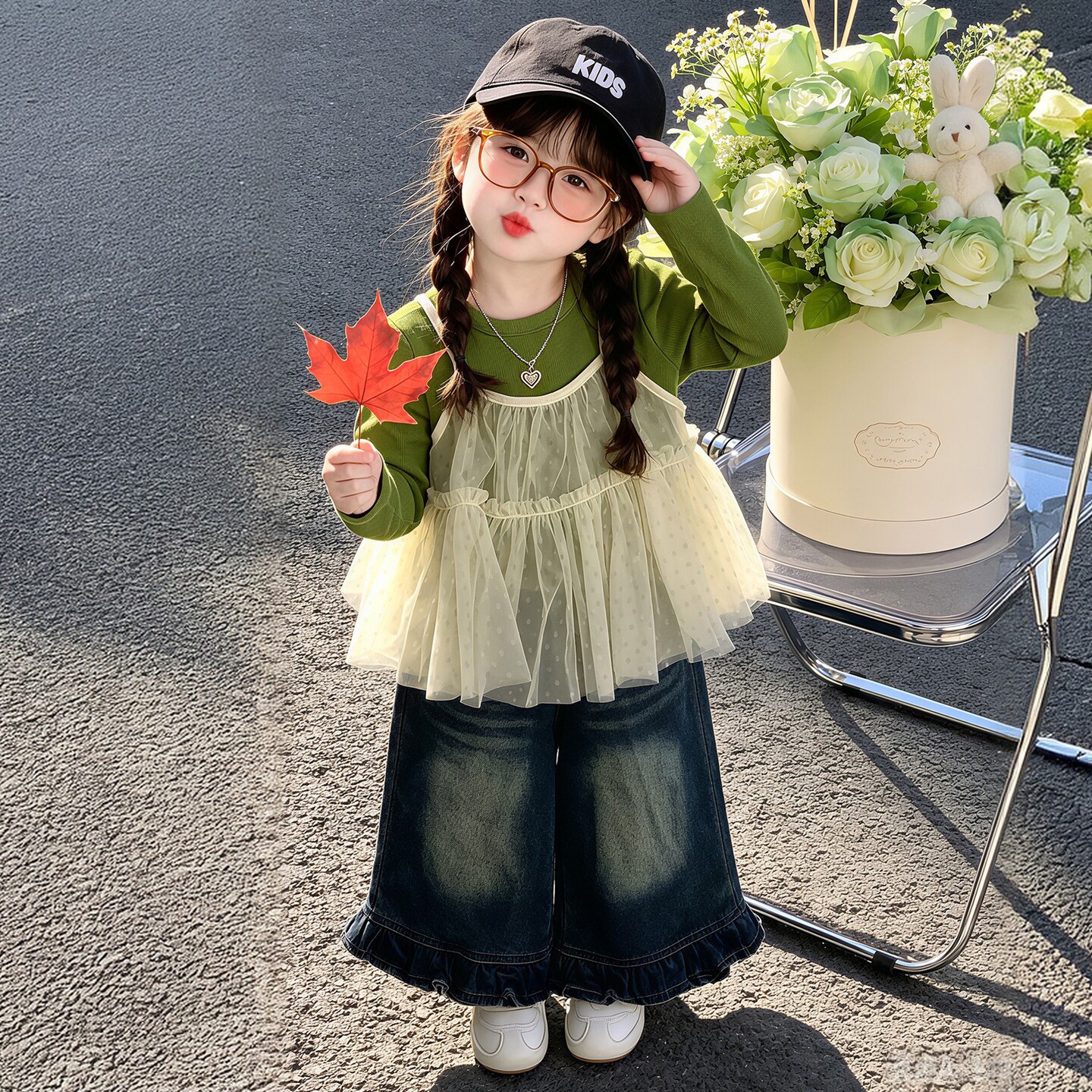 韩版女童秋季套装2026新款儿童时尚女宝宝洋气波点吊带网纱三件套