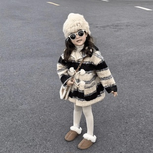 女童加绒外套2025冬季儿童韩版条纹毛加厚大衣男童秋冬装夹棉呢子