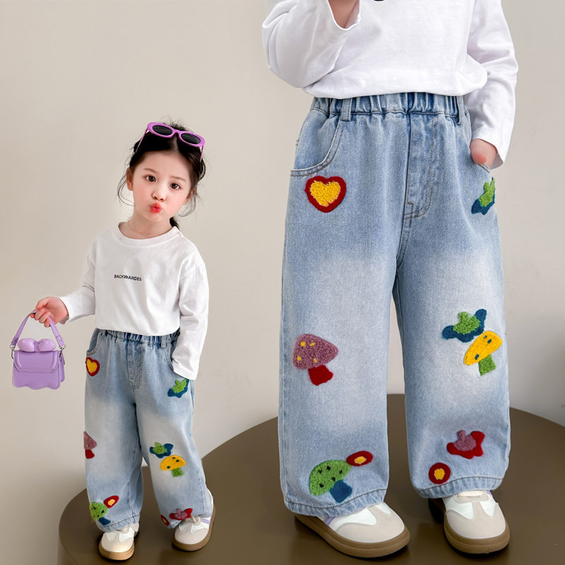 女童洋气绣蘑菇牛仔阔腿裤2026新款儿童春装韩版女宝宝百搭裤子潮