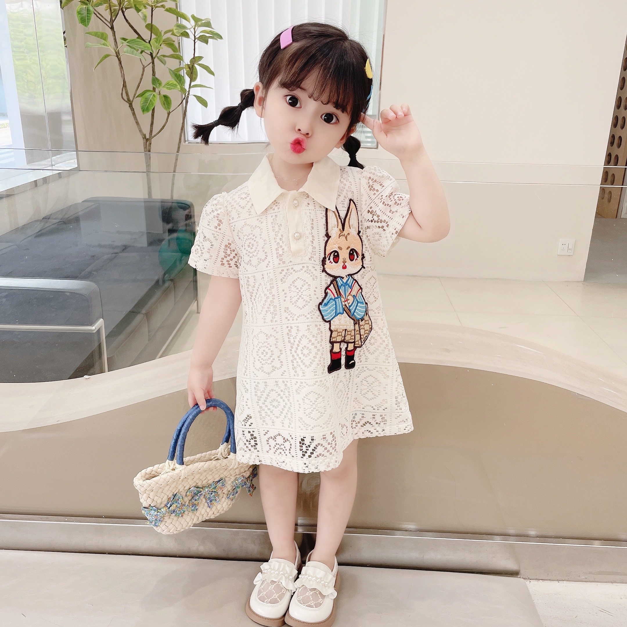 女童连衣裙夏装2025新款洋气儿童卡通泡泡袖polo裙宝宝短袖公主裙