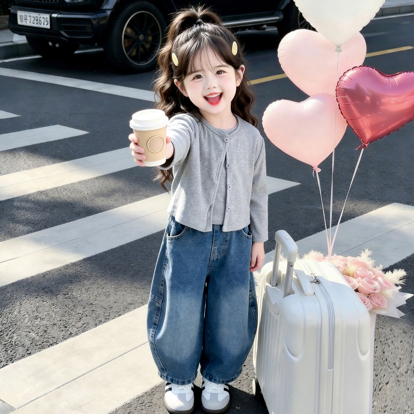 韩版女童洋气套装2026新款儿童秋装宝宝时尚针织开衫牛仔裤三件套