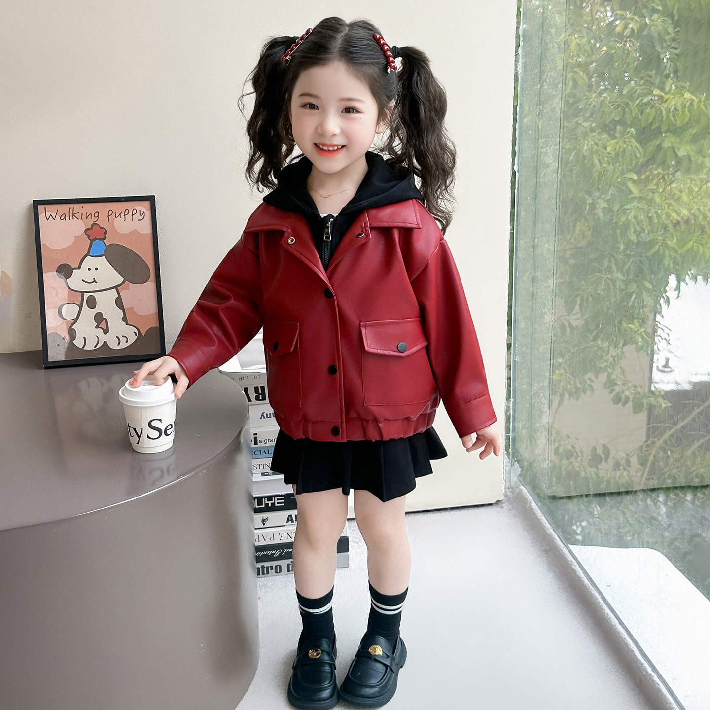 韩版女童时髦洋气假两件皮衣春装2026新款儿童时尚女宝宝休闲外套