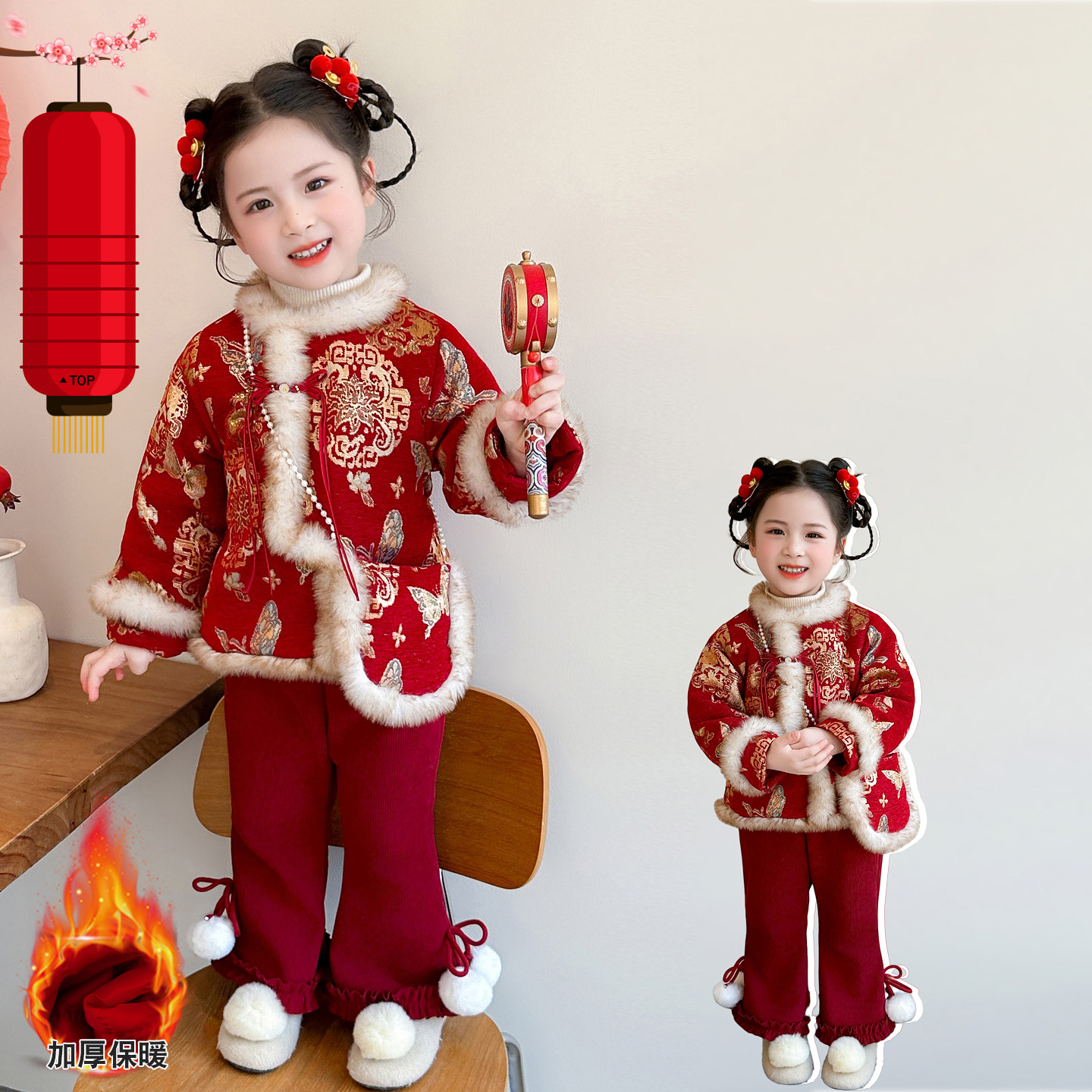 女童拜年服冬季2025新款儿童唐装女宝宝花团锦绣送包包年服套装潮