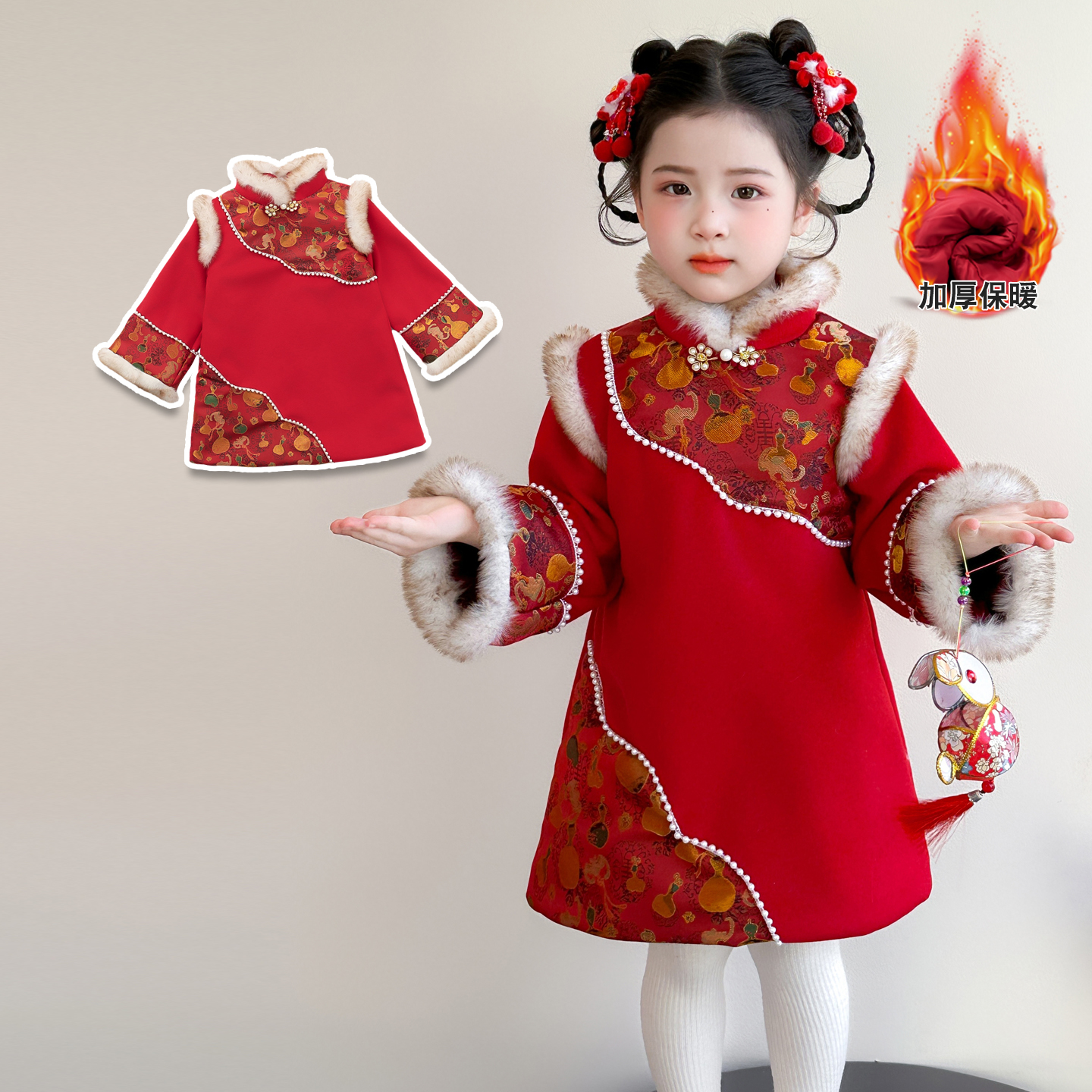 女小童洋气中式珍珠旗袍年服裙潮