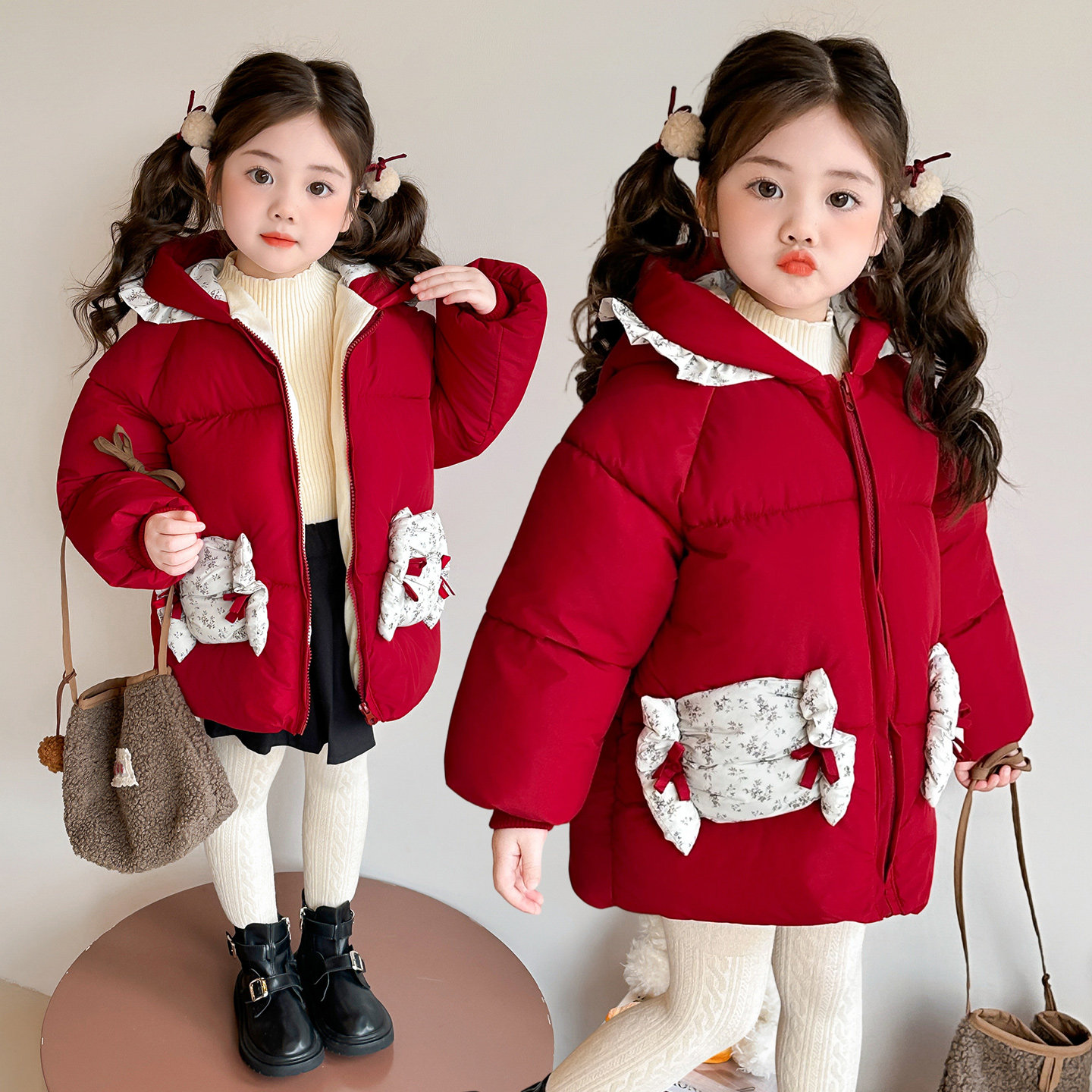 女童冬装甜美糖果口袋棉衣2026新款儿童加厚女宝宝洋气连帽棉服潮