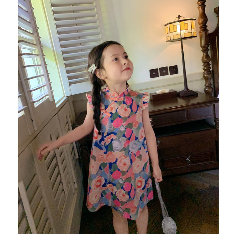女童旗袍裙2025夏季新款中国风盘扣连衣裙宝宝飞袖满印油画公主裙
