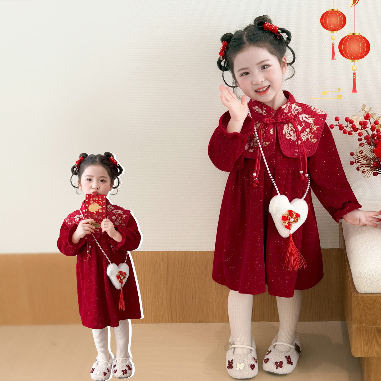 女宝宝中国风新年红梅年服裙2026新款儿童洋气小女孩冬装拜年服潮