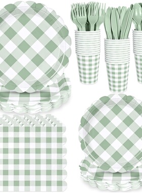 绿色格子餐具套装生日聚会派对装饰一次性纸盘纸杯纸巾桌布布置品