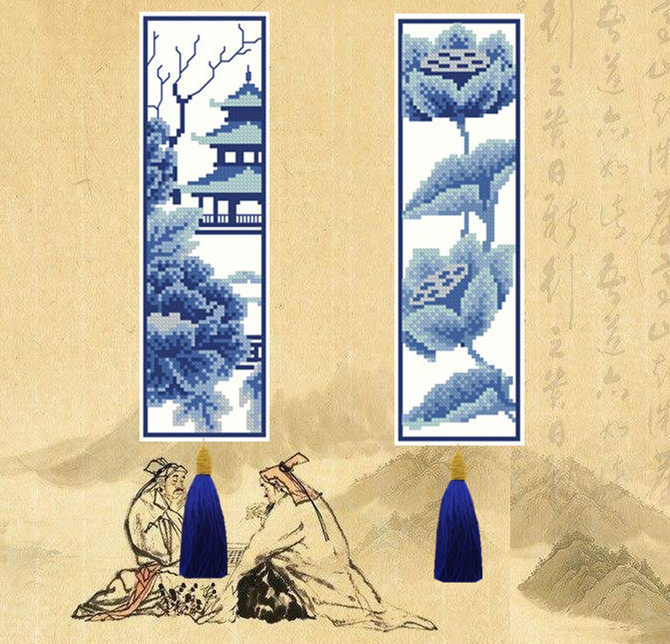 木木家DMC十字绣新款 礼物 书签 青花牡丹荷花 青花瓷 配流苏