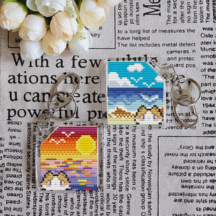 法国DMC十字绣 套件手工双面绣挂件钥匙扣材料包日出海边卡通猫咪