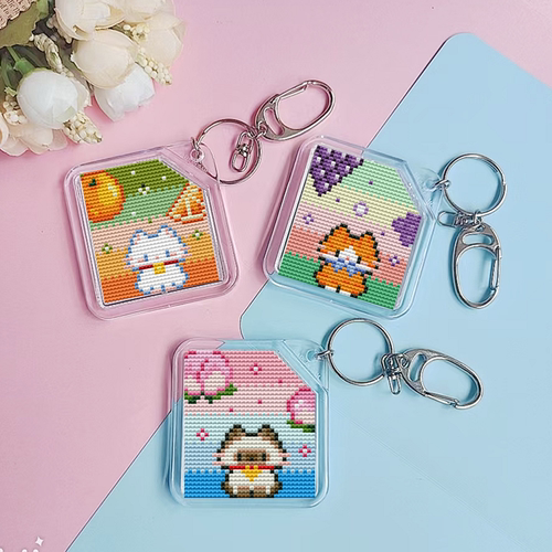 法国DMC十字绣 套件手工 双面绣挂件 钥匙扣 材料包水果2卡通小猫