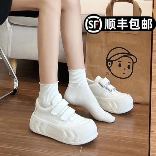 皮面魔术贴面包鞋厚底小白鞋增高