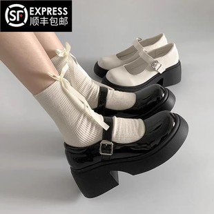黑色百搭法式 女2025新款 春秋配裙子淺口單鞋 厚底高跟瑪麗珍小皮鞋