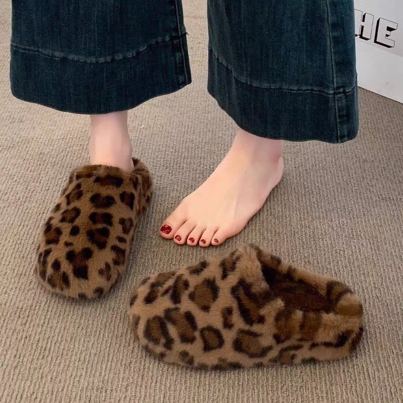 豹纹包头毛毛鞋女外穿2025冬季新款保暖加绒懒人厚底半拖棉拖鞋女
