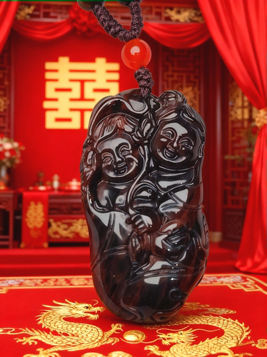 天然虎绒黑曜石和合二圣2仙吊坠情侣项链挂件婚姻吉祥物恋爱礼物