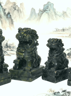 天然南玉石北京狮子摆件青绿色吉祥镇宅助运平安看门居工艺摆件