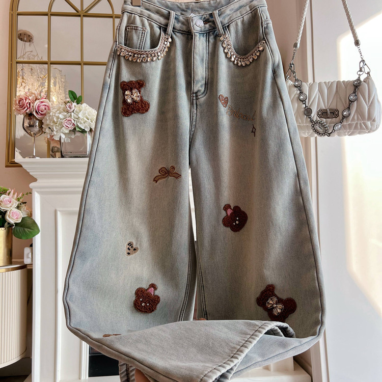 2025年冬季重工镶钻刺绣小众港味风复古直筒裤加绒高腰牛仔裤女装