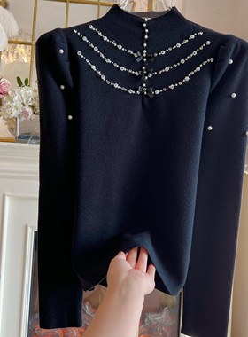 法式优雅修身显瘦黑色打底毛衣衫女重工镶钻泡泡袖修身显瘦针织衫