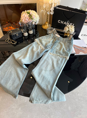 港味风原创牛仔裤女装2025年拼接蕾丝重工串珠假两件直筒裤长裤潮