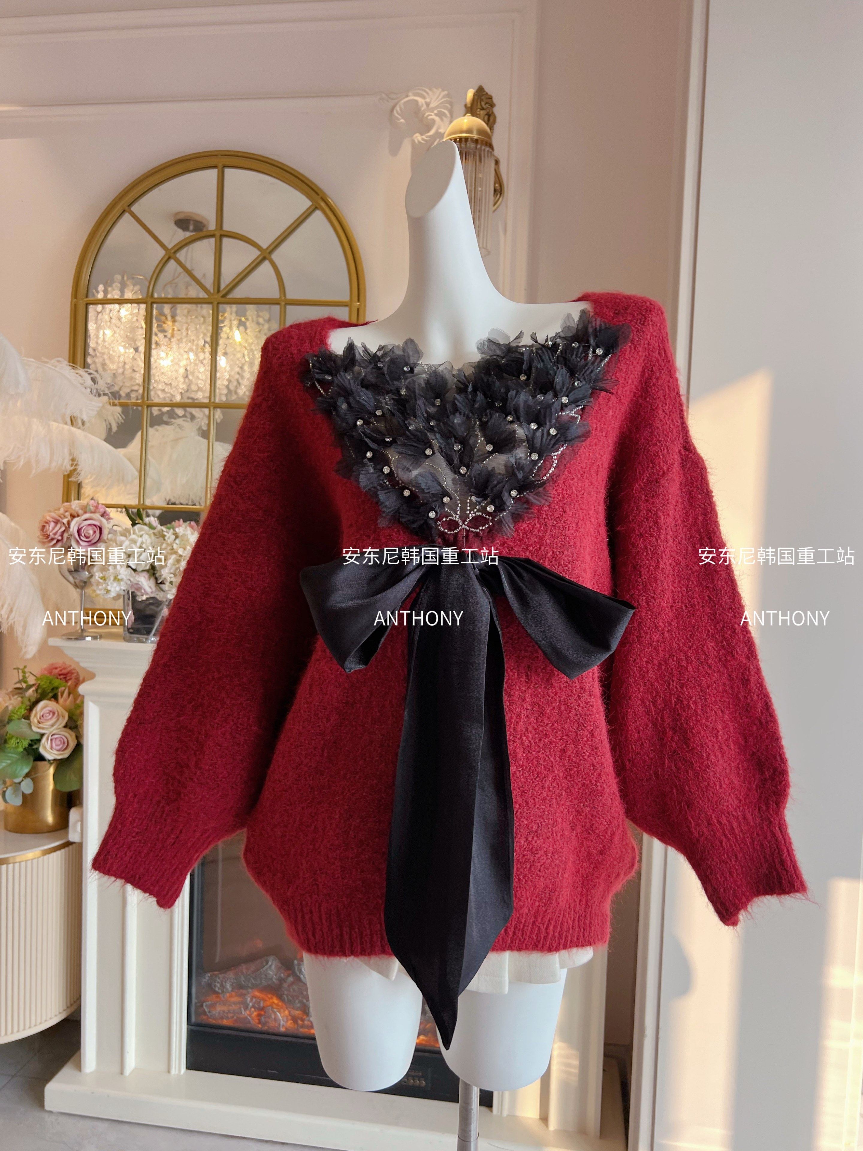 慵懒风加厚毛衣裙子女装韩国设计感重工镶钻蝴蝶结宽松套头针织衫