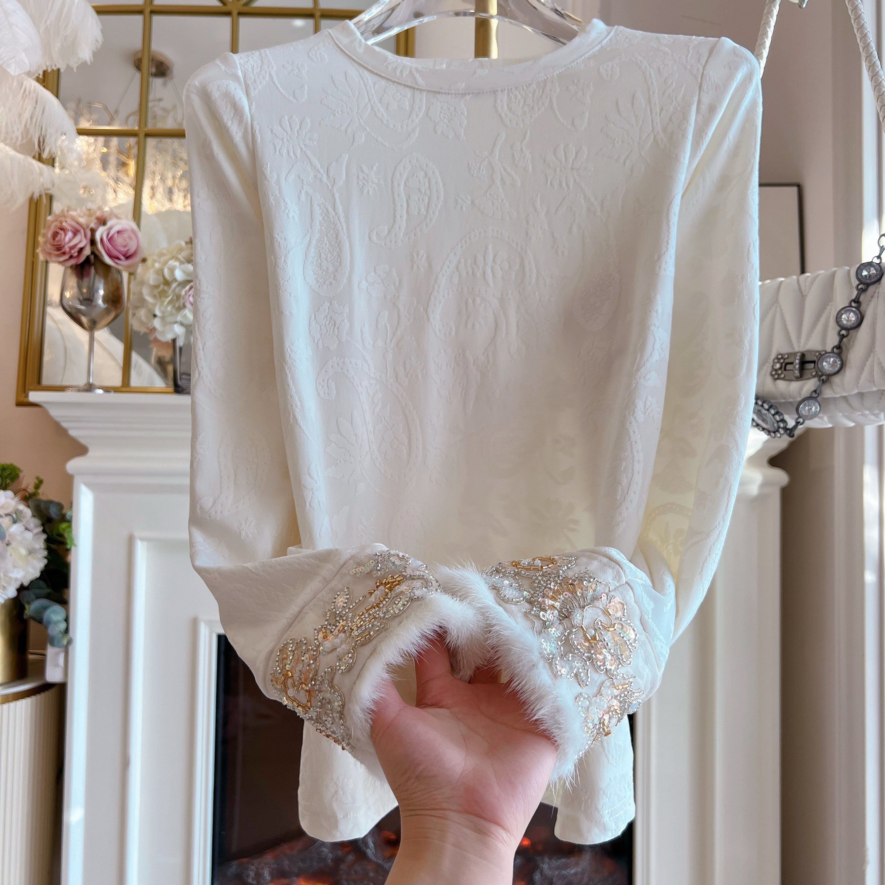 新中式国风白色提花长袖打底衫女高级感重工镶钻拼接兔毛长袖小衫