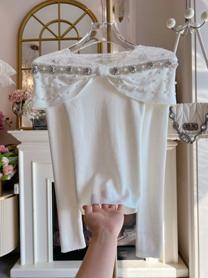 纯欲风翻领气质针织衫女装2026年春季新款重工镶钻修身显瘦t恤衫